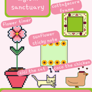Cottagecore Collection cottagecore desktop bundle cozy desktop software available for download includes cici the cat cottagecore desktop pet, coco the chicken pixel art desktop pet, flower timer cozy productivity timer, sunflower sticky notes aesthetic digital notepads, and cottagecore frame aesthetic desktop border.
