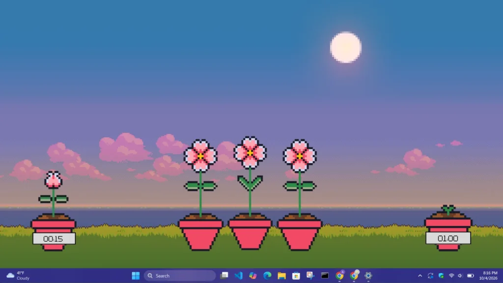 Aesthetic flower Pomodoro timer widget on a Windows desktop
