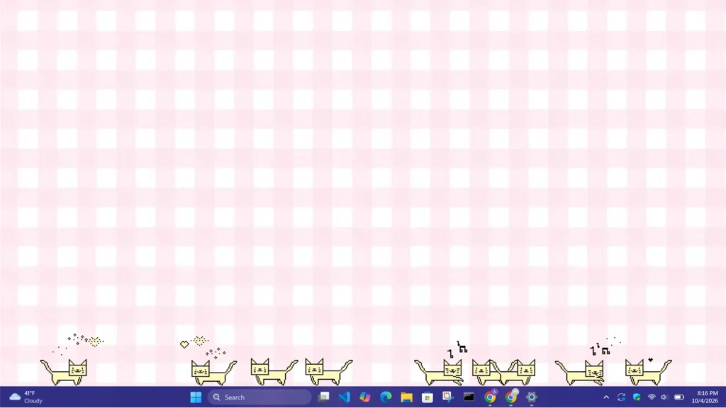 Pixel art desktop pets walking across a Windows 11 taskbar named cici the cat